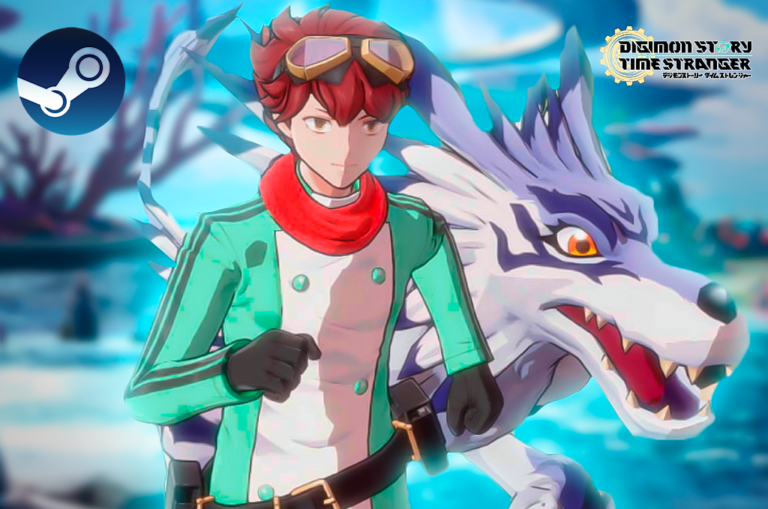 Imagem promocional de Digimon Story: Time Stranger, mostrando o protagonista e seus Digimons em um cenário épico entre mundos paralelos. Promover o lançamento do jogo Digimon Story: Time Stranger, destacando a conexão entre humanos e Digimons, a exploração de mundos paralelos e o combate estratégico em turnos.