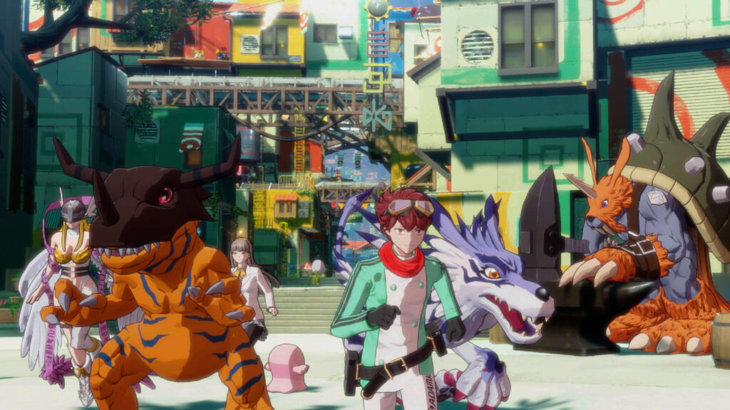 Imagem promocional de Digimon Story: Time Stranger, mostrando o protagonista e seus Digimons em um cenário épico entre mundos paralelos. Promover o lançamento do jogo Digimon Story: Time Stranger, destacando a conexão entre humanos e Digimons, a exploração de mundos paralelos e o combate estratégico em turnos.